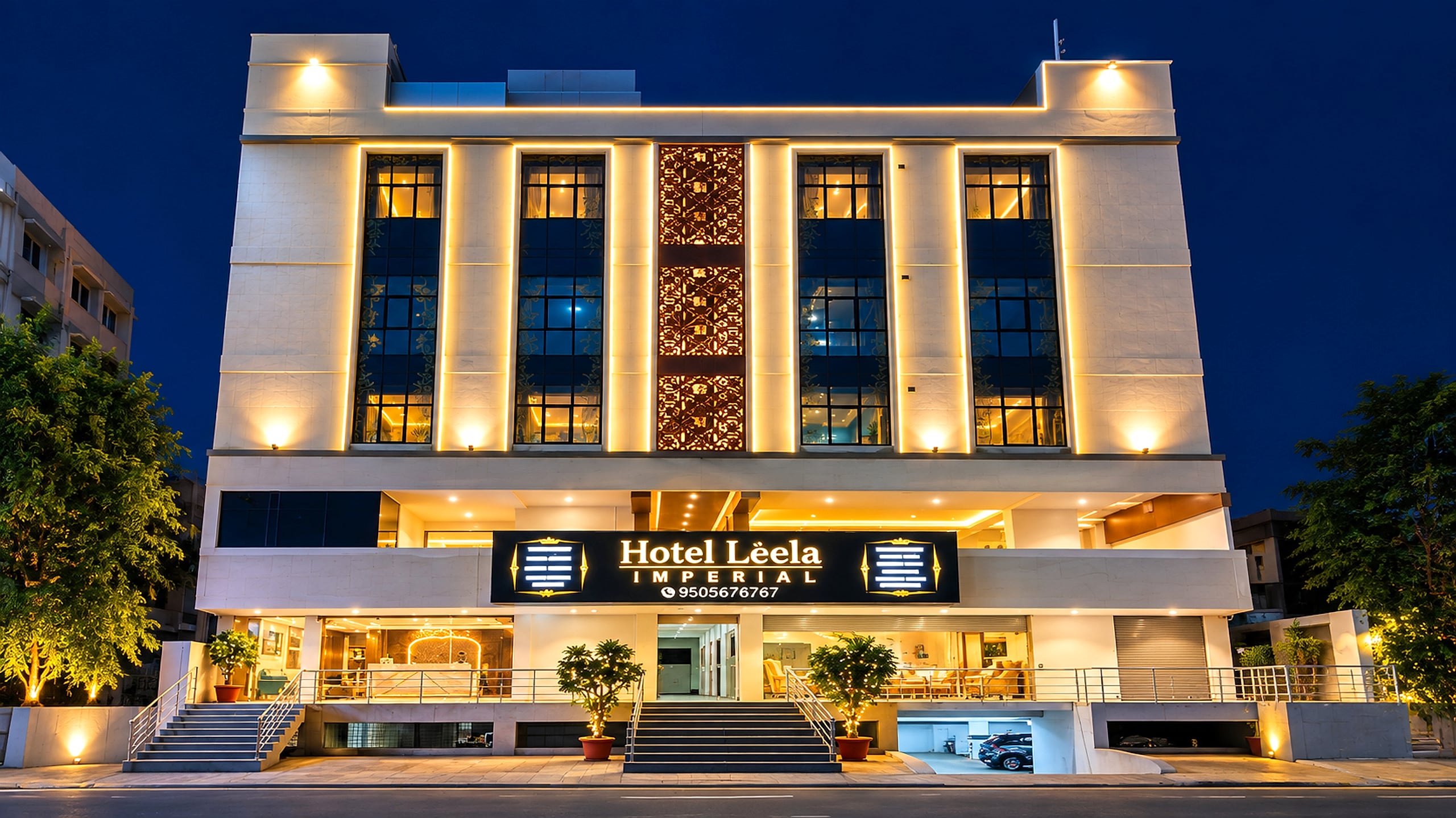 Hotel Leela Imperial facade at dusk